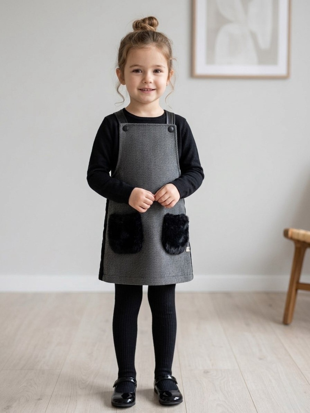 Deux par Deux Grey Herringbone Pinafore Dress 3 Black Faux Fur Pockets Leather